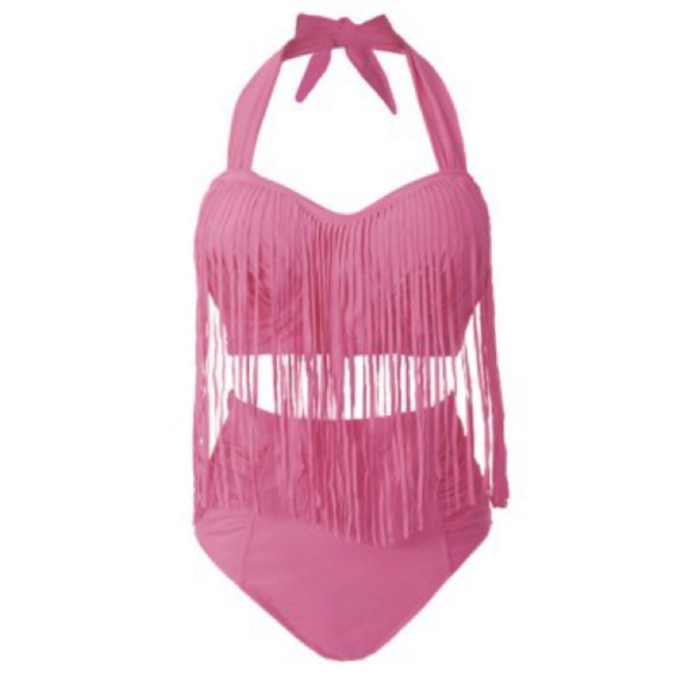 Plus Size Pink High Waist Fringe Swimsuit